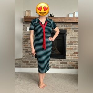 Green and Black Striped Dress with Red Scarf